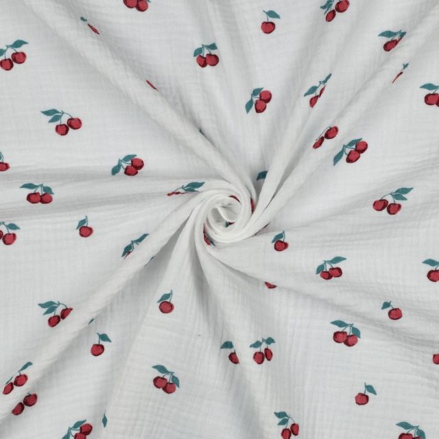 Tissu Double gaze de Coton Bio Capri petites cerises sur fond Blanc cassé