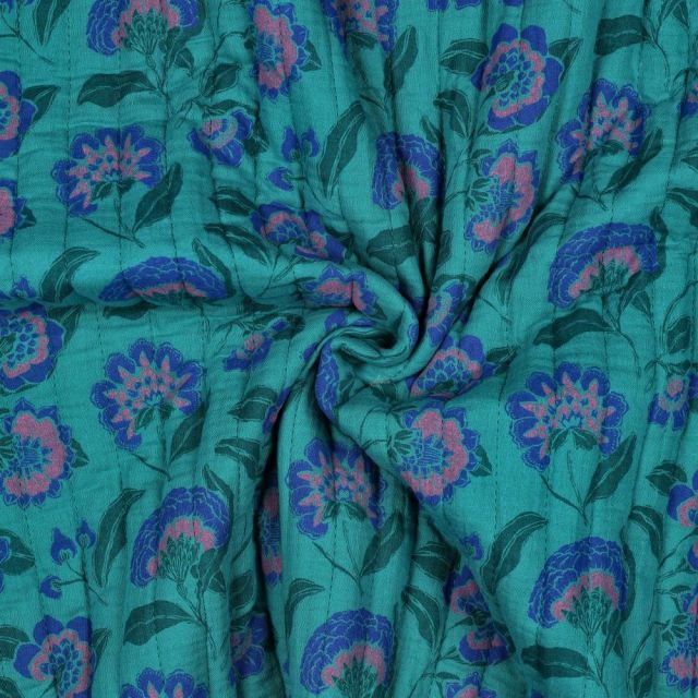 Tissu Double gaze de Coton Matelassé Elea fleurs Bleu réversible sur fond Vert canard