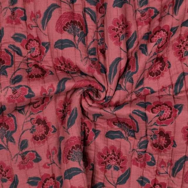 Coupon Tissu Double gaze de Coton Matelassé Elea fleurs Mauve réversible sur fond Vieux rose - Coupon de 150 cm
