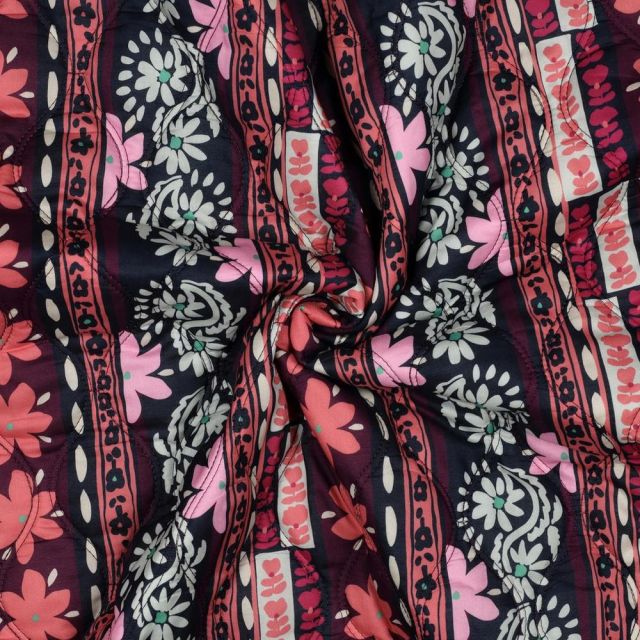 Tissu Coton Matelassé réversible digital Téa lignes fleuries sur fond Aubergine