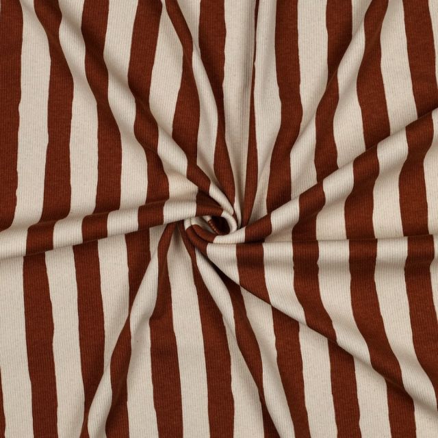 Tissu Jersey cotêlé Bio Poppy rayures Bordeaux sur fond Naturel