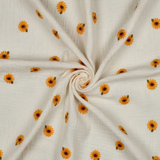 Tissu Double gaze de Coton Mia petits tournesols brodé Jaune sur fond Ecru