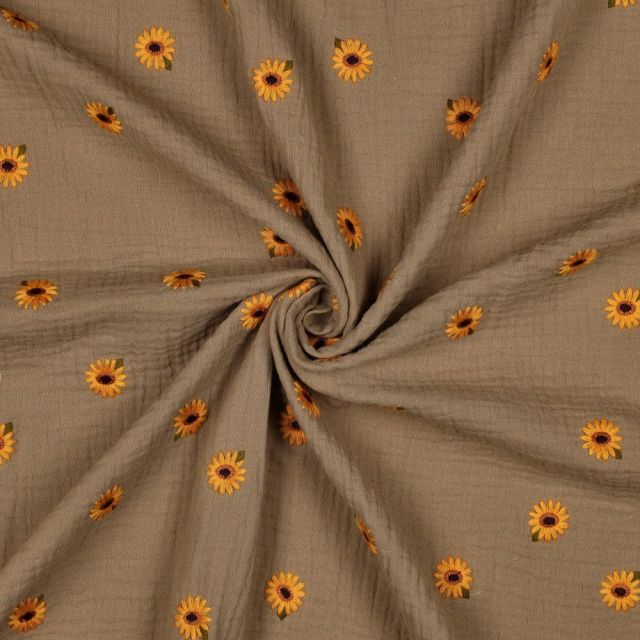 Tissu Double gaze de Coton Mia petits tournesols brodé Jaune sur fond Brun