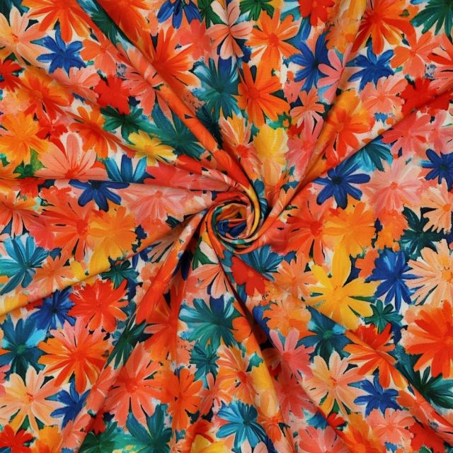 Tissu Viscose EcoVero Lola tapis fleuri éclatant sur fond Blanc cassé