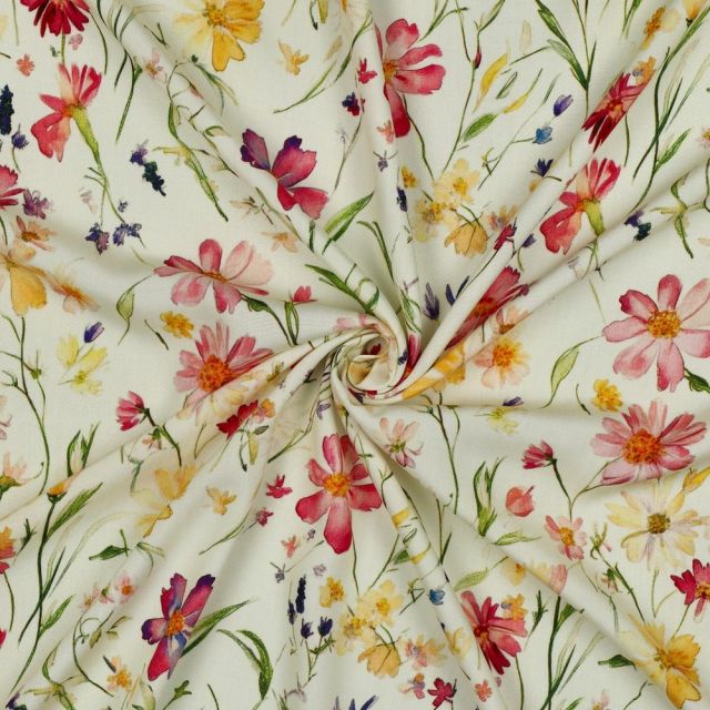 Tissu Viscose imprimé digital Valeria esprit champêtre sur fond Jaune pastel