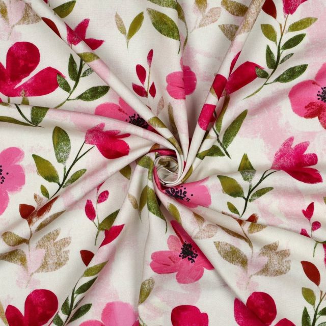 Tissu Viscose imprimé digital Eira petits coquelicots Rose Fuschia sur fond Blanc cassé