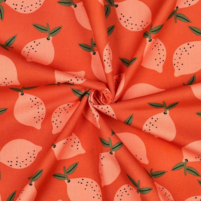 Tissu Toile de Coton Canvas Elia citrons Saumon sur fond Orange
