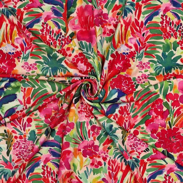 Tissu Jersey Viscose imprimé Alhambra jardin lumineux sur fond Rose saumon