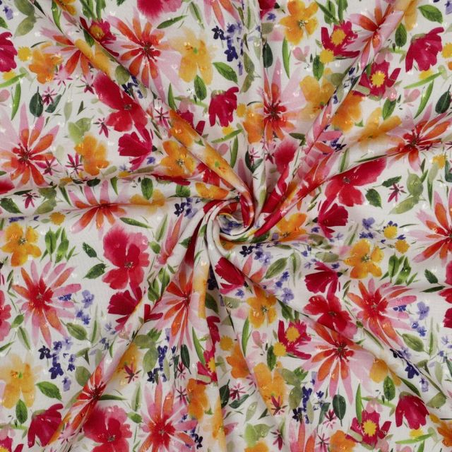 Tissu Plumetis Viscose digital Isolde prairie printanière sur fond Blanc cassé