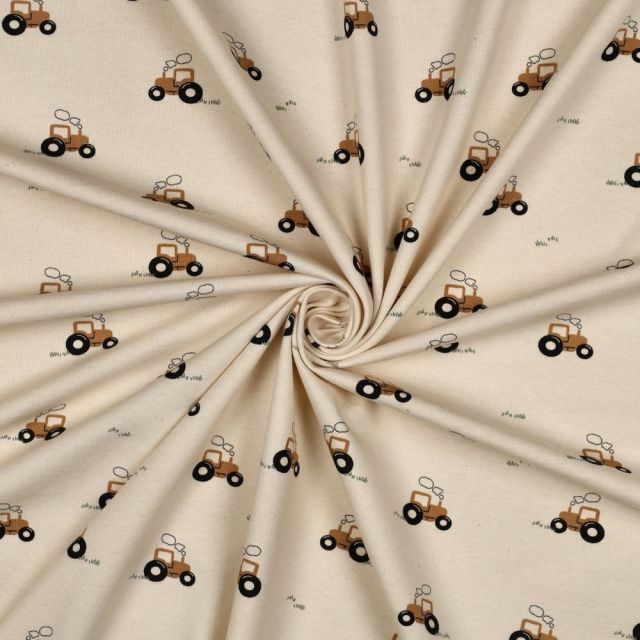 Tissu Jersey Coton Bio Nathan petits tracteurs sur fond Naturel