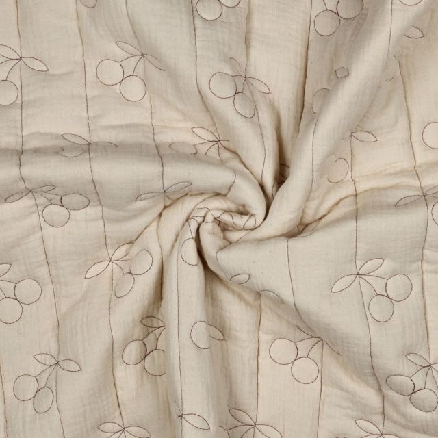 Tissu Double gaze de Coton Matelassé Cerises brodées sur fond Ecru