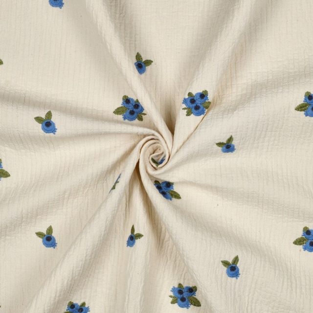 Tissu Double gaze de Coton brodé Myrtille sur fond Ecru