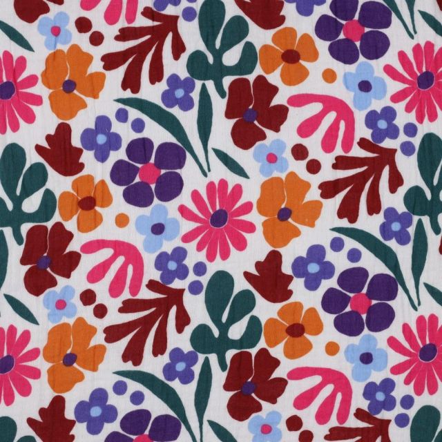 Tissu Double gaze imprimé Fleuris fun sur fond Blanc