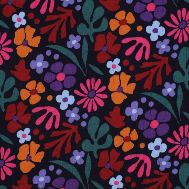 Tissu Double gaze imprimé Fleuris fun sur fond Noir