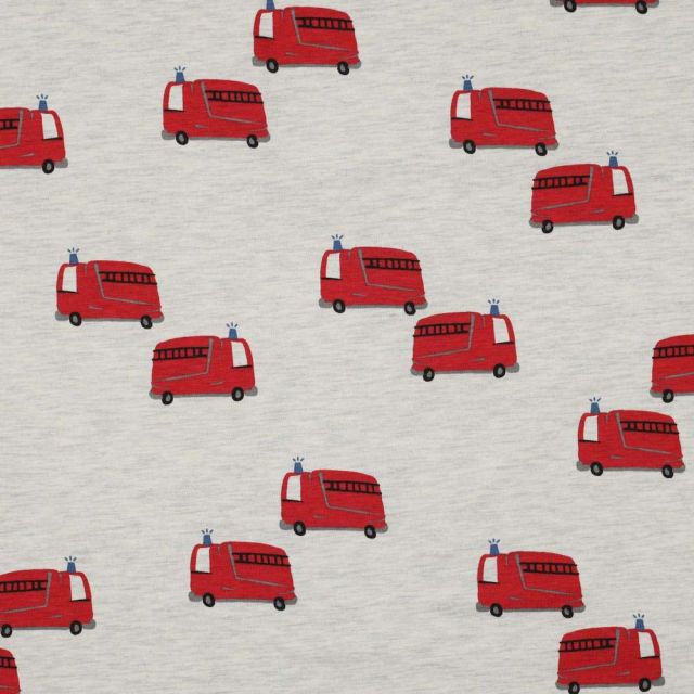 Tissu Jersey Coton chiné Camions de pompiers sur fond Ecru