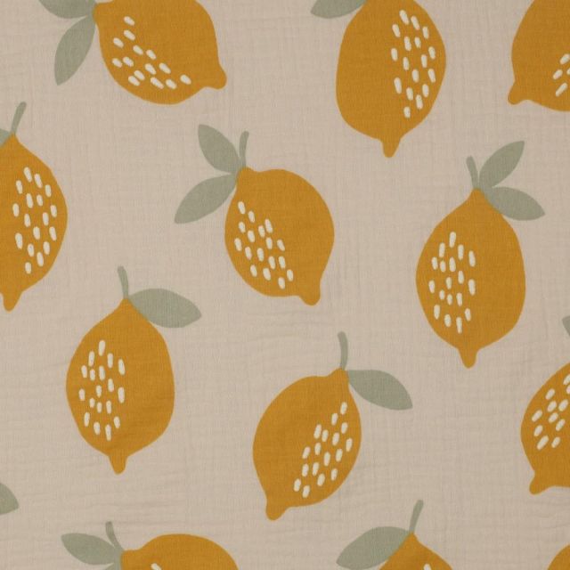 Tissu Double gaze de Coton Poppy Citrons sur fond Beige