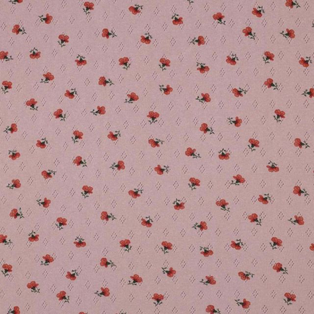 Tissu Jersey Coton ajouré Petites roses rouges sur fond Rose - Coupon de 100 cm