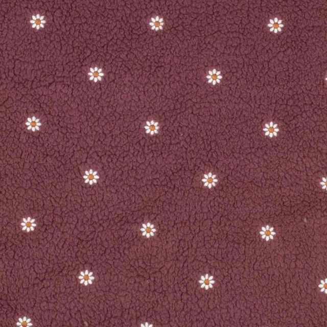 Tissu Sherpa paquerettes brodées Héloise sur fond Aubergine - Par 10 cm