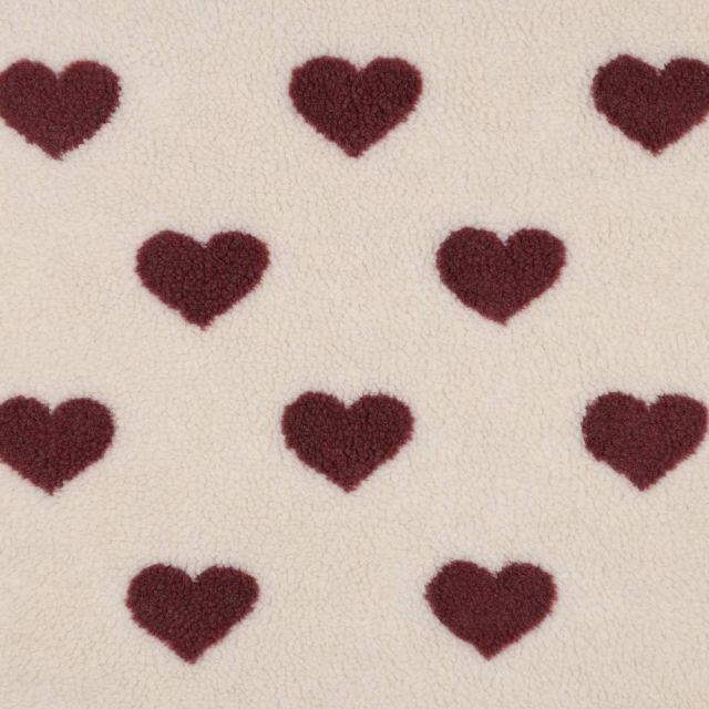 Tissu Fausse fourrure Mouton coeurs Lina rouges sur fond Beige
