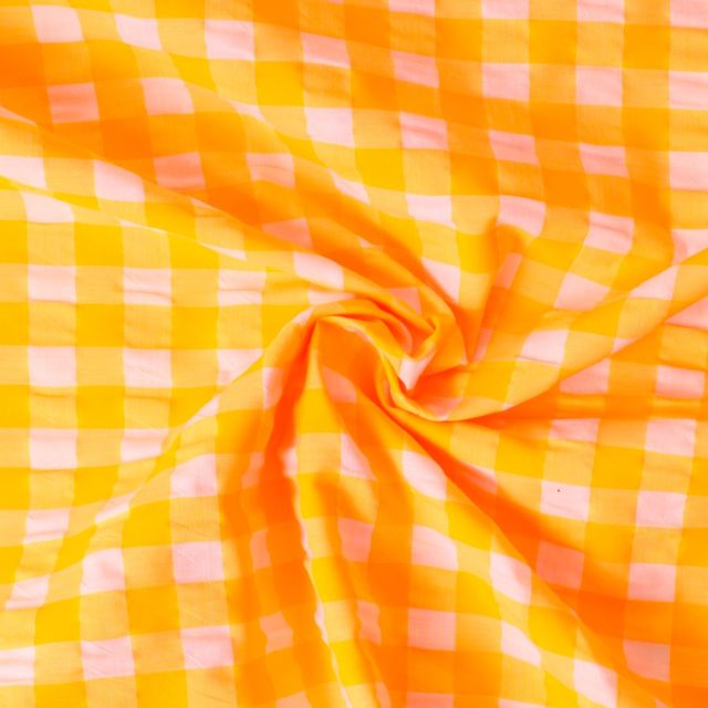 Tissu Vichy Soleil Orange fluo grands carreaux sur fond Blanc
