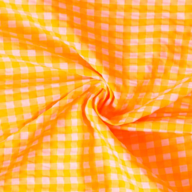 Tissu Vichy Orange fluo petits carreaux sur fond Blanc