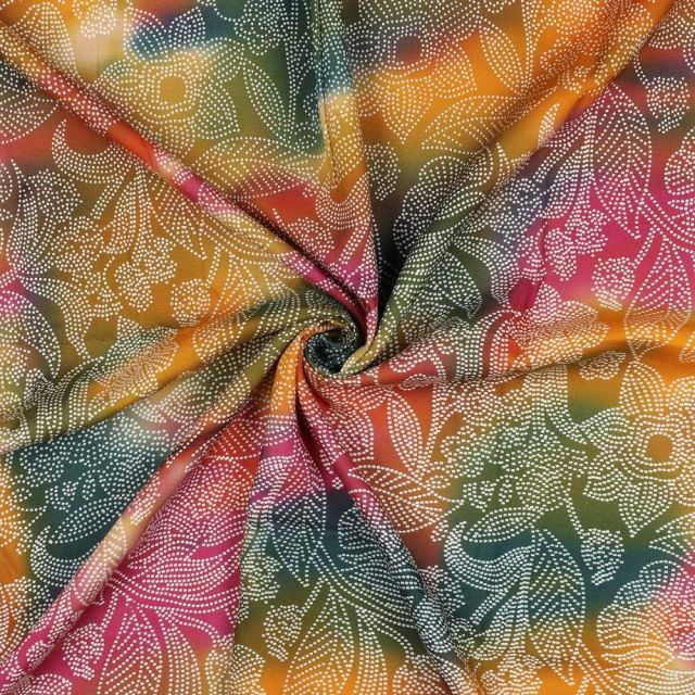 Tissu Batik de Viscose motifs floraux en pointillés sur fond Multicolore