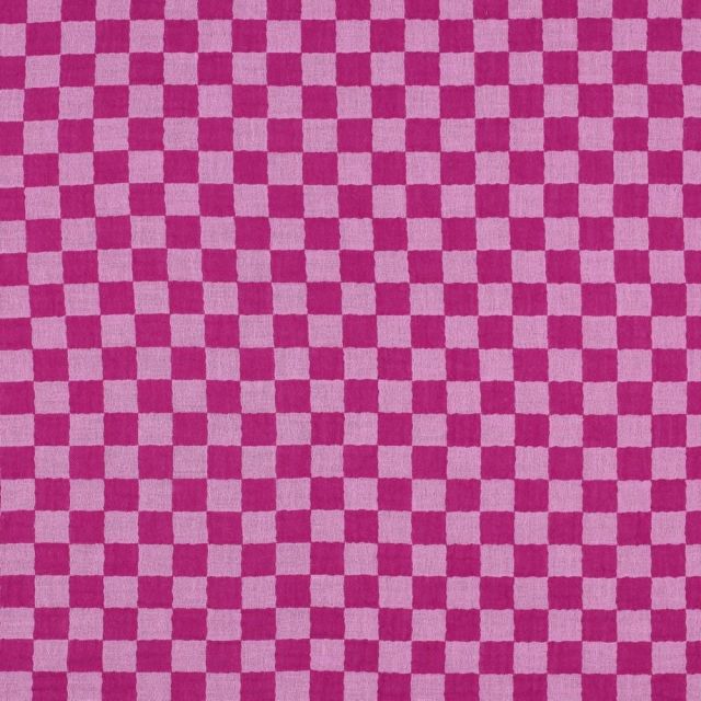 Tissu Double gaze de Coton à carreaux Réversible  Magenta fuschia