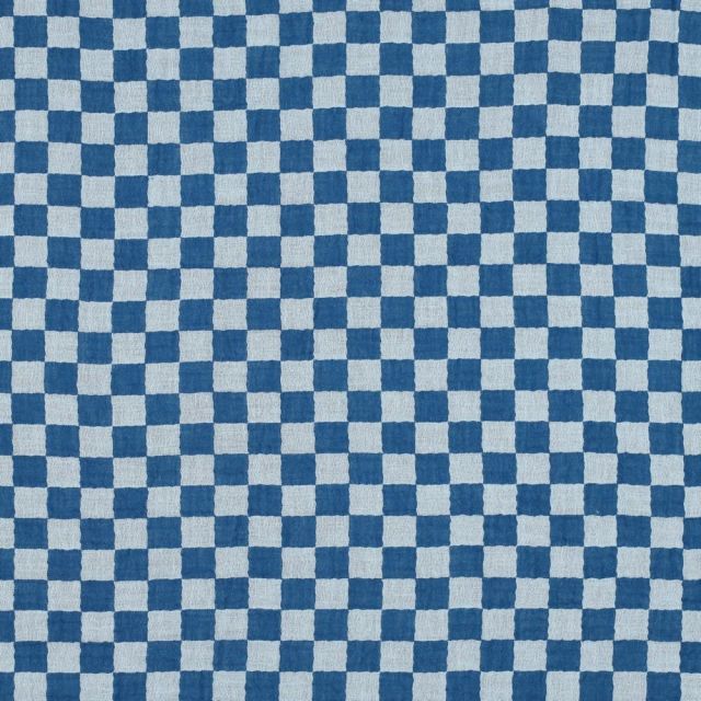 Tissu Double gaze de Coton à carreaux Réversible  Bleu