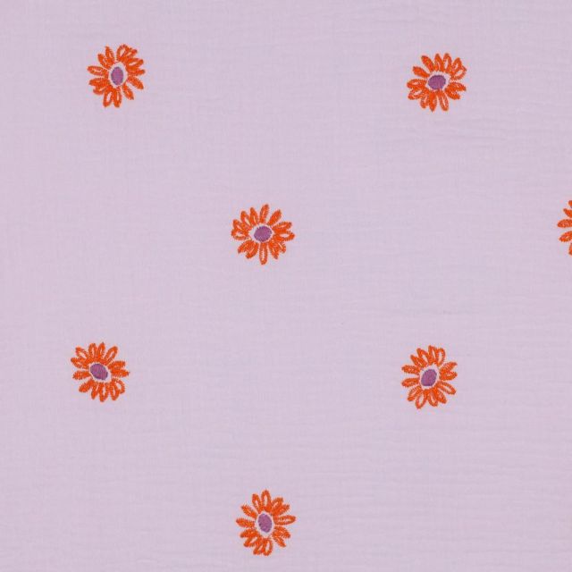 Tissu Double gaze de Coton Poppy Petites fleurs oranges brodées sur fond Lilas