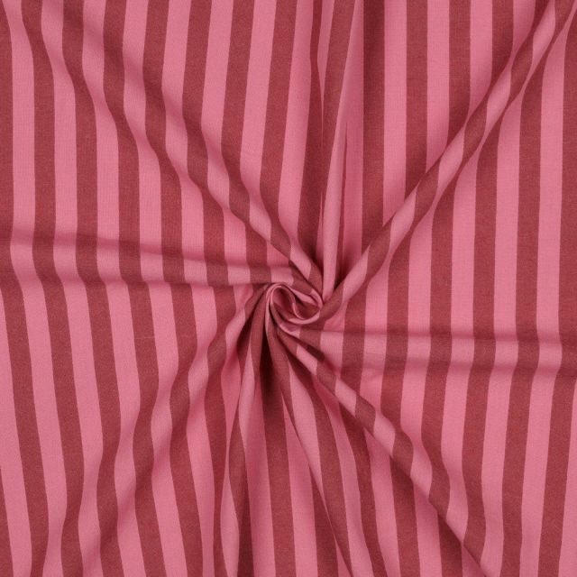 Tissu Popeline de Coton Rayures Roses sur fond Rouge foncé