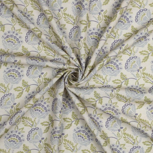 Tissu Lin Viscose imprimé digital Floral Bleu et Vert sur fond Ecru