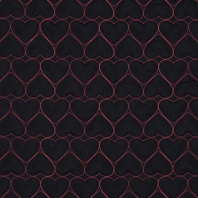 Coupon Tissu Doudoune matelassé Sofia coeurs roses sur fond Noir - Coupon de 90 cm