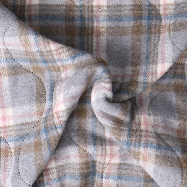 Tissu Matelassé Ciarra tout doux  envers doudoune carreaux Roses et Bleus sur fond Gris