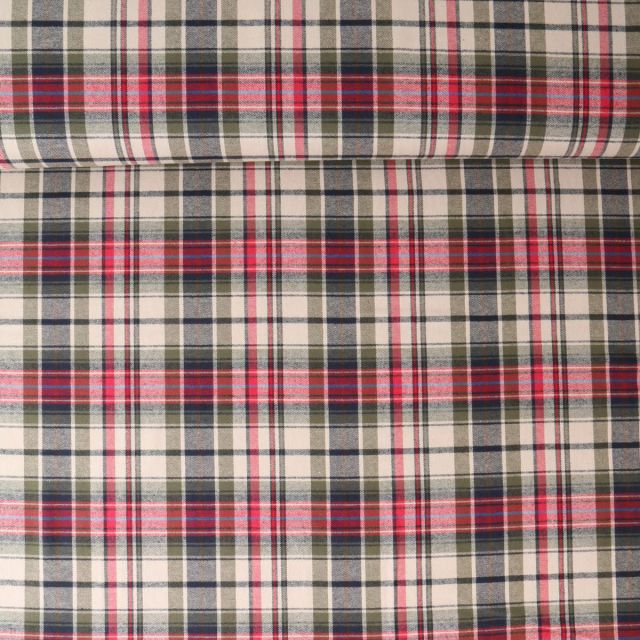 Tissu Coton Chemise Noa Carreaux Rouges, Verts et Bleus sur fond Ecru