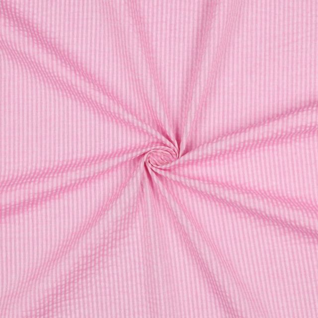 Tissu Seersucker Coton Rayures sur fond Rose