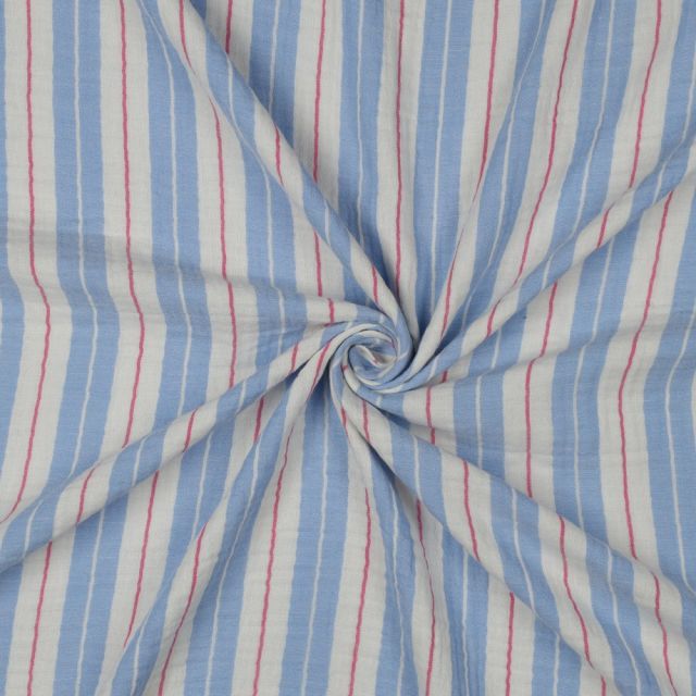 Tissu Double gaze de Coton rayures Bleu et Framboise sur fond Blanc cassé