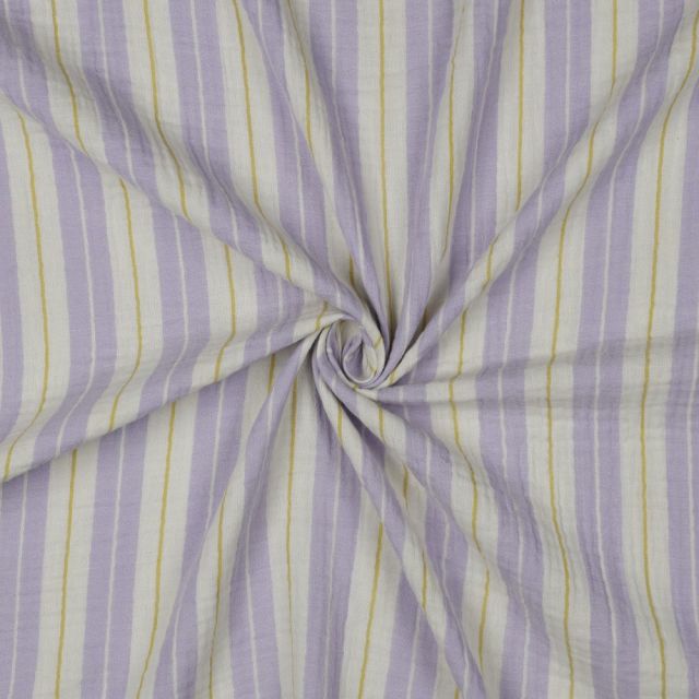 Tissu Double gaze de Coton Rayures Lilas et Moutarde sur fond Blanc cassé
