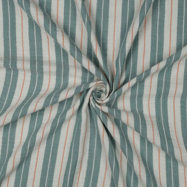 Tissu Double gaze de Coton Rayures Vert sauge sur fond Blanc cassé