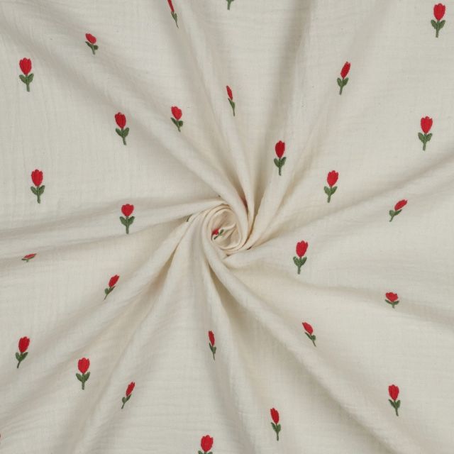 Tissu Double gaze de Coton Tulipes Rouge brodé sur fond Ecru