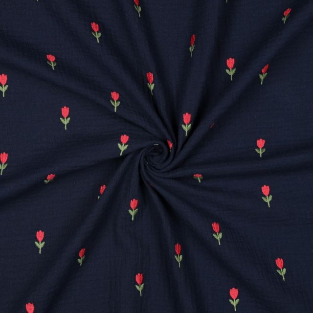Tissu Double gaze de Coton Tulipe Rouge brodé sur fond Noir