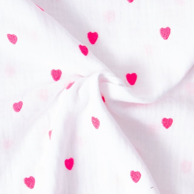 Tissu Double gaze de Coton Valentine Petits coeurs roses sur fond Blanc