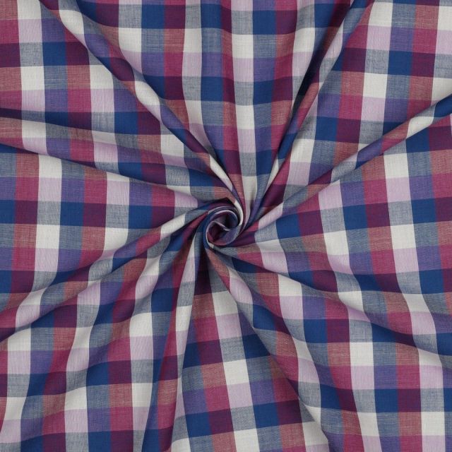 Tissu Coton fil teint carreaux Bleu, Rose Framboise & Lila sur fond Blanc