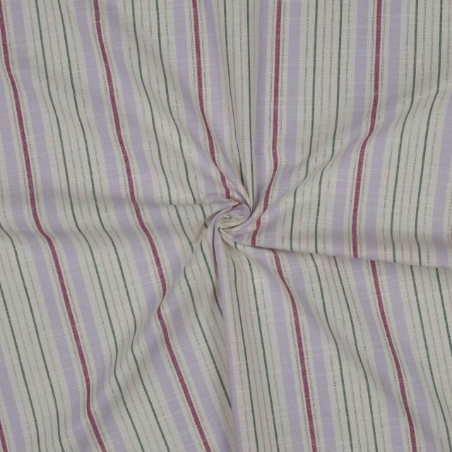 Tissu Coton fil teint rayé Lurex Lilas, Framboise & Vert sauge sur fond Ecru
