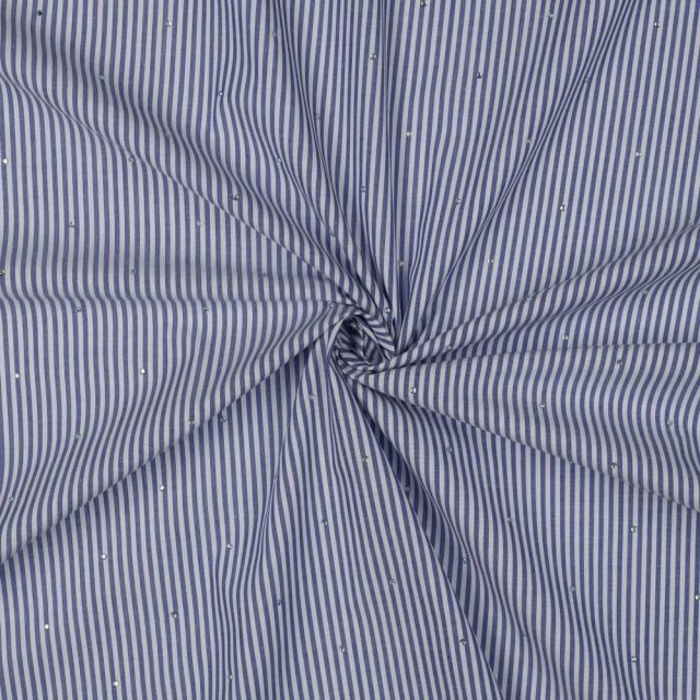 Tissu Coton fil teint rayé Bleu et strass sur fond Blanc cassé
