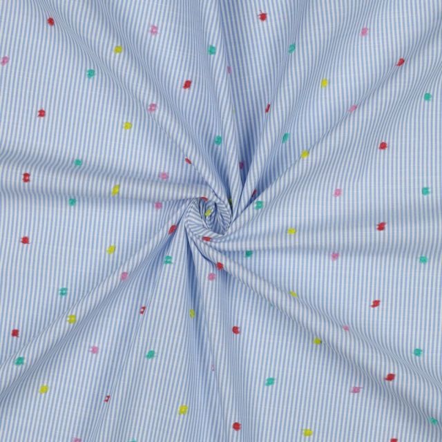 Tissu Coton Plumetis rayures Bleu ciel sur fond Blanc