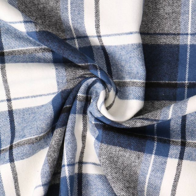 Tissu Coton Chemise Éliott carreaux Bleux et Noirs sur fond Blanc