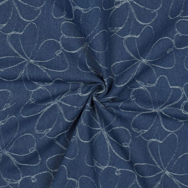 Tissu Jean Denim Coton grandes fleurs sur fond Bleu denim