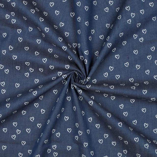 Tissu Jean Denim Coton petits coeurs Blancs sur fond Bleu indigo