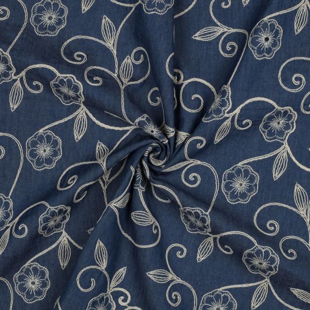 Tissu Jean Denim Coton brodé Fleurs sur fond Bleu indigo