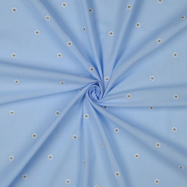 Tissu Coton brodé petites Paquerettes lurex sur fond Bleu ciel